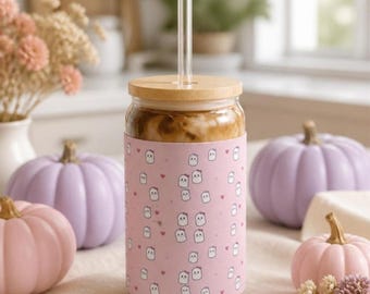 Cute Pastel Ghost Iced Coffee Glass Cup with Bamboo Lid & Straw | 16oz Halloween Glass Can