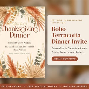 Boho Thanksgiving Invitation Template, Friendsgiving Dinner Invite, Terracotta Pampas Editable Canva Invitation, Printable Evite image 1