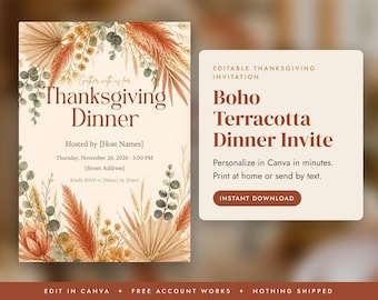 Boho Thanksgiving Invitation Template, Friendsgiving Dinner Invite, Terracotta Pampas Editable Canva Invitation, Printable Evite