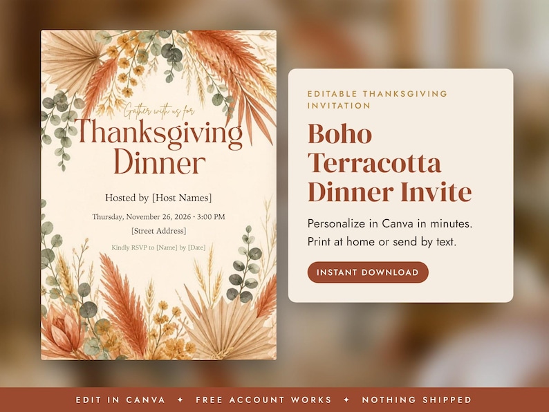 Boho Thanksgiving Invitation Template, Friendsgiving Dinner Invite, Terracotta Pampas Editable Canva Invitation, Printable Evite image 1