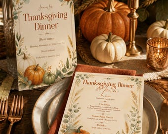 May include: A Thanksgiving dinner invitation and menu set featuring watercolour illustrations of pumpkins, wheat, and eucalyptus leaves. The text reads Thanksgiving Dinner, Join us for, and lists courses including Butternut squash soup, Roast turkey, and Pumpkin pie.