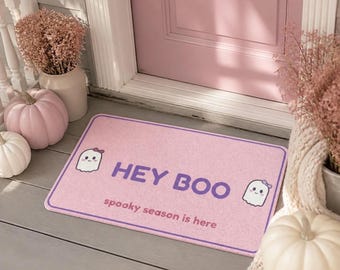 Pastel Pink Ghost Doormat, Hey Boo Halloween Welcome Mat, Kawaii Fall Porch Decor