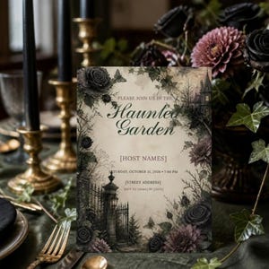 Gothic Halloween Dinner Party Invitation, Dark Floral Menu, Place Cards, Seating Chart, Welcome Sign, Editable Canva Template Kit image 1