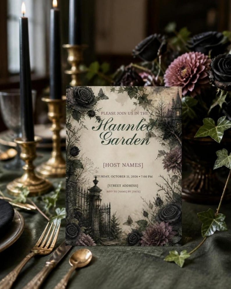 Gothic Halloween Dinner Party Invitation, Dark Floral Menu, Place Cards, Seating Chart, Welcome Sign, Editable Canva Template Kit image 1