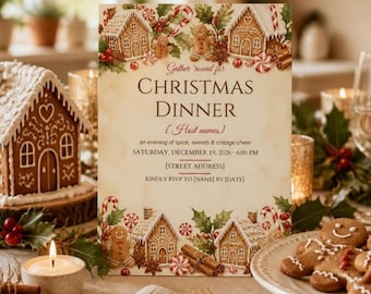 Gingerbread Christmas Dinner Invitation Template, Christmas Menu, Place Cards, Seating Chart, Welcome Sign, Editable Canva Printable Kit