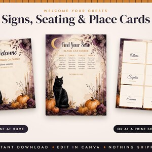 Halloween Dinner Party Invitation Template, Black Cat Menu, Place Cards, Seating Chart, Welcome Sign, Editable Canva Printable Kit image 4