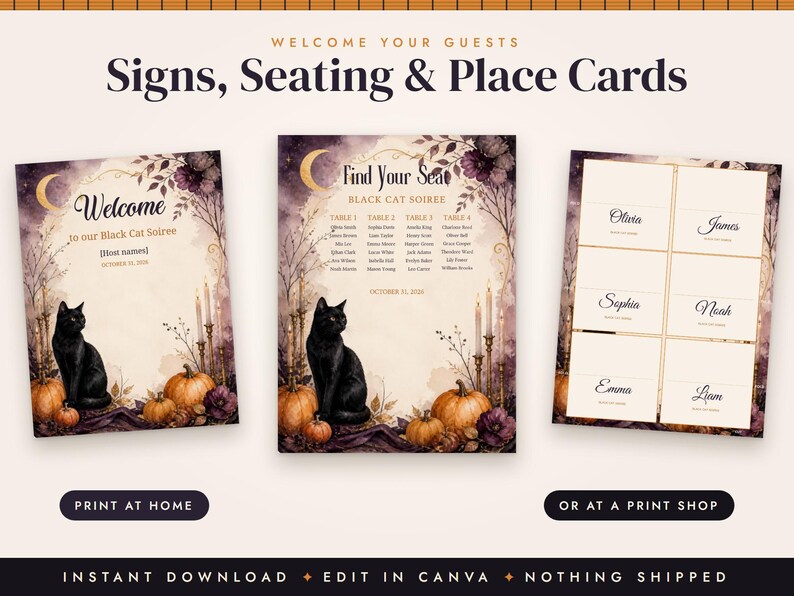 Halloween Dinner Party Invitation Template, Black Cat Menu, Place Cards, Seating Chart, Welcome Sign, Editable Canva Printable Kit image 4