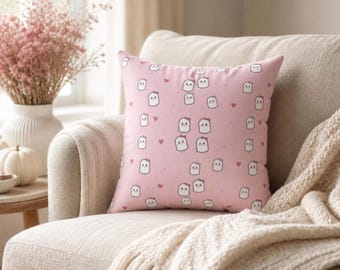 Pastel Ghost Throw Pillow, Kawaii Halloween Decor, Blush Pink Cushion (100% Polyester)