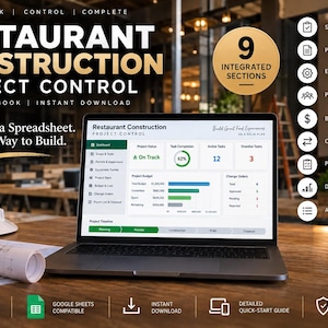 Könnte beinhalten: Eine Excel-Arbeitsmappe zur Steuerung von Restaurantbauprojekten auf einem Laptop-Bildschirm, die ein Dashboard mit Projektstatus, Budget und Aufgabenfortschritt zeigt, neben einem weißen Bauhelm und einer Tasse auf einem Holztisch.