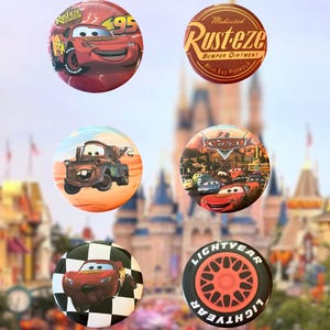 May include: Six circular pin-back buttons featuring characters and logos from the movie Cars. Designs include Lightning McQueen with number 95, a Rust-eze logo, Mater, a group of movie characters, McQueen on a checkered flag, and a tire.