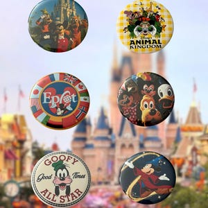 May include: A set of six circular pin-back buttons featuring Disney characters and themes. Designs include Mickey Mouse and friends, Epcot with international flags, Disney's Animal Kingdom, Goofy with the text Goofy Good Times All Star, and Sorcerer Mickey.