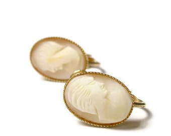 Gold Filled Screw Back Cameo Shell Earrings - Oval - Portrait - Lady - Screw Back Cameo Earrings # 67