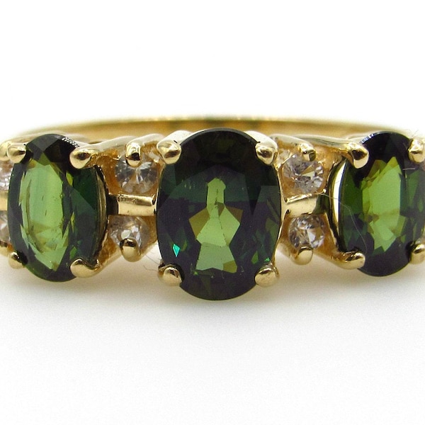 Color Change Sapphire and CZ Ring - Size 7 - 10K Yellow Gold 3 Oval Dark Green Bluish Gemstone - Trilogy - 3 Stone Ring # 5273