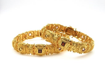 18K Yellow Gold Plated Colorful Gemstone Bracelet - Set of 2 Bracelets - Etruscan Style Vermeil Bangle Woman Fashion - Gifts for Her # 5710