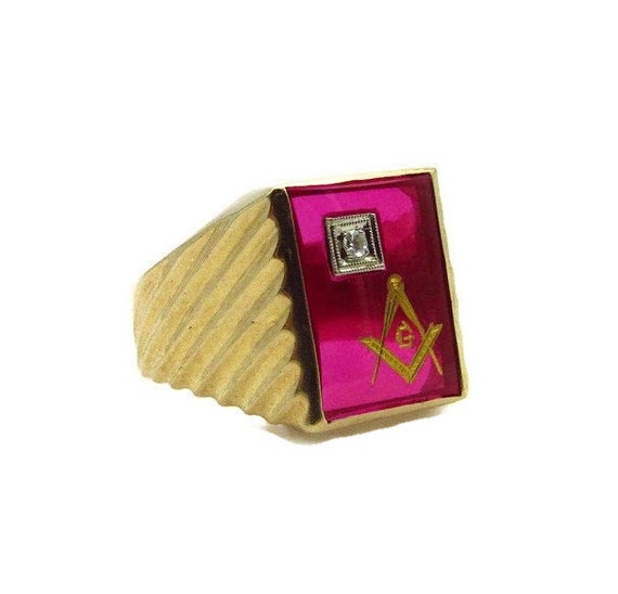10K Yellow Gold Diamond Ruby Masonic Ring - Size … - image 4