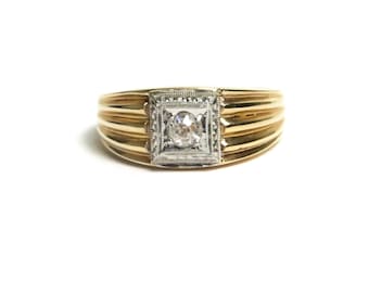 Vintage Diamond Ring - 14k Yellow and White Gold - Size 9.5 - Weight 4.8 Grams - Men Fashion - Groom - Wedding Ring - Gifts for Him # 1555