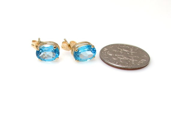 14K Yellow Gold Blue Topaz Stud Earrings - Oval B… - image 2