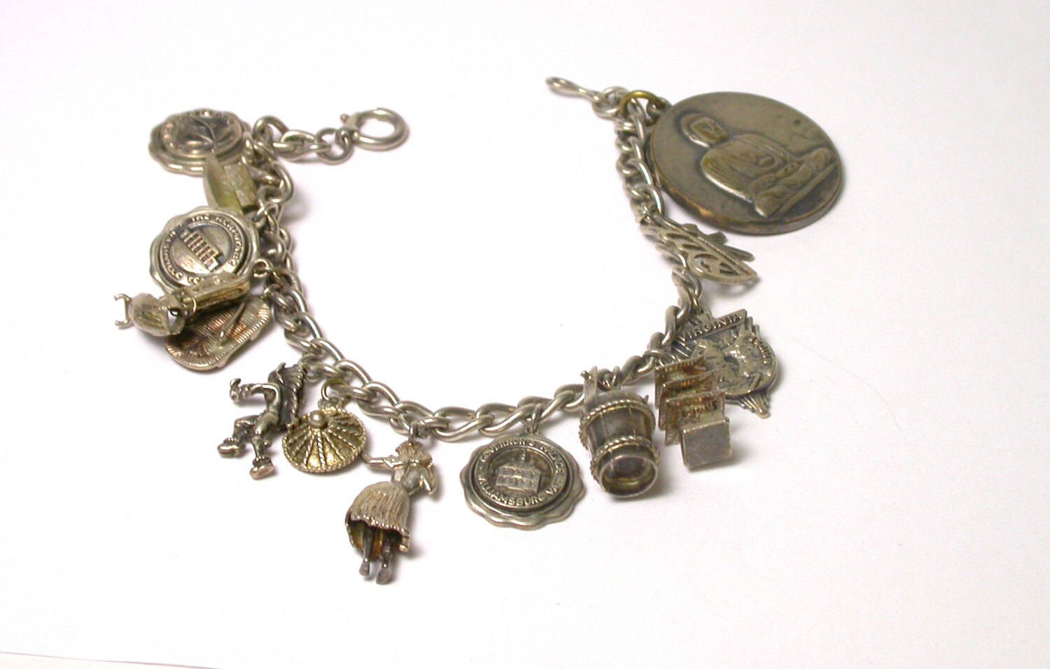 Vintage Sterling Silver Charm Bracelet - Total Weight 42.2 Grams - Memories - Keepsake - Vintage Charms - Buddha - Hula Girl - Ship # 1475