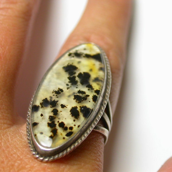 Reserved Sterling Silver and Moss Agate Oval Ring - Size 7