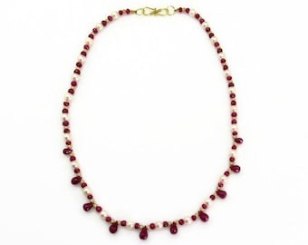 Ruby and Pearl Necklace with 14K Yellow Gold - Akoya Cultured Pearls, Rubies and Textured Gold Beads - 18" or 46 cm - Love Valentines # 5683