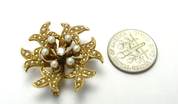 Vintage Brooch - 14k Yellow Gold Diamond Pearl an… - image 3