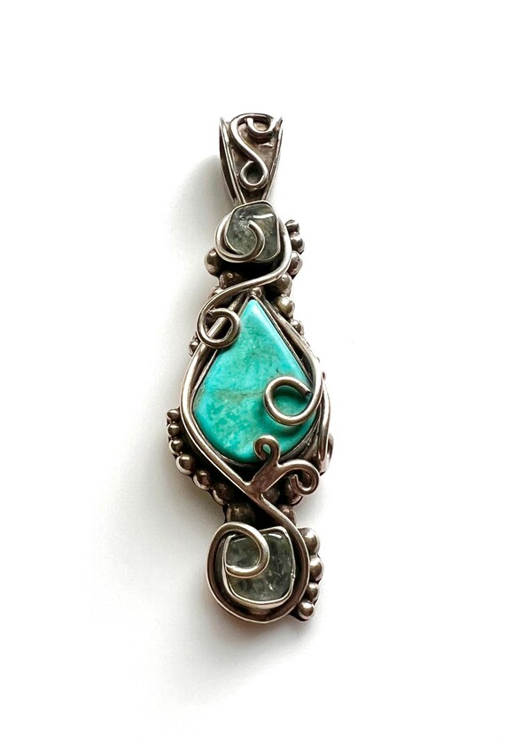 Sterling Silver Large Blue Turquoise Pendant - Si… - image 7