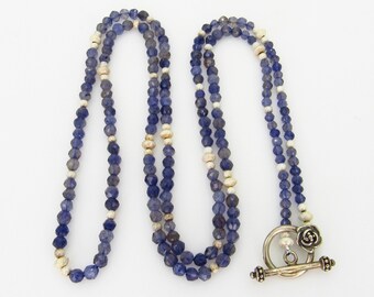 Natural Iolite and Sterling Silver Long Necklace - 3 mm to 4 mm Round Faceted Iolite Beads - 32" long or 82 cm - Purple Blue Gem  # 5487