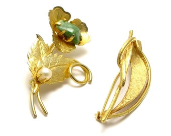 Gold Tone Brooches - Lot of  2 - Gold Tone and Green Stone with Faux Pearl and Gold Tone Brooch Pin - Flower Pin - Leaf Pin # 967