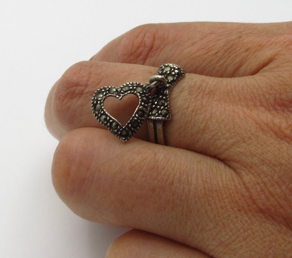 Sterling Silver Heart Marcasite Ring - Size 7.75 … - image 9