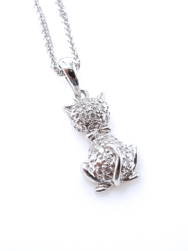 Cat Necklace 14K White Gold and Diamonds Cat Pendant With Etsy