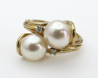 14K Yellow Gold 7mm Akoya Cultured Pearls & Diamonds Bypass Ring - Size 5.5 - Gifts for Her Mom Bride Sweetheart # 5712