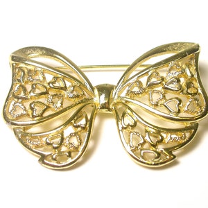 Ribbon Brooch - Vintage Gold Tone Hearts and Bow Pin - Bow Pin - Heart - Sweetheart - Valentines - Bow Brooch Pin - Gift for Her # 799