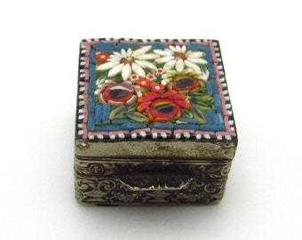 Vintage Italian Micro Mosaic Floral Pill Box - Silver Plated Square Trinket Flower Bouquet Miniature Box  - Collectible - Unisex # 5699