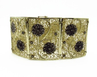 Wide Floral Panel Bracelet - Gold Gilt over 835 Silver Lace Marcasite Art Nouveau Style - Jugendstil Link Open Work Bracelet # 5445