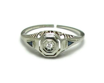 18K White Gold Diamond and Sapphires Art Deco Engagement Ring - Size 5 1/2 (sizeable) - 18K Gold Filigree Ring - Wedding Ring # 4038