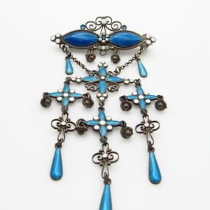 Marius Hammer Antique Art Nouveau Brooch - Norway - Turquoise Guilhoche Enamel Silver Brooch - Unique Dangle Brooch  # 5704