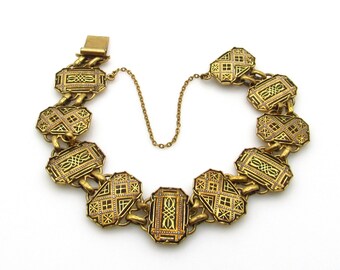 Damascene Vintage Bracelet - Gold Plated 10 Panel Black and Gold Bracelet with Safety Chain - 7.75" or 19.5 cm - Gifts for Her Mom # 5429