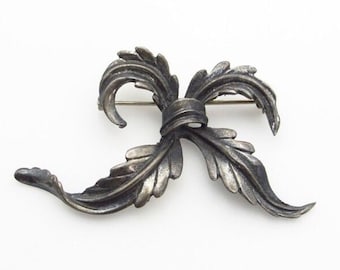 Sterling Silver Bow Brooch - Sterling Silver Accessory Large Pin - Two Leaves Tighted as a Bow - Gifts for Her Mom # 5700