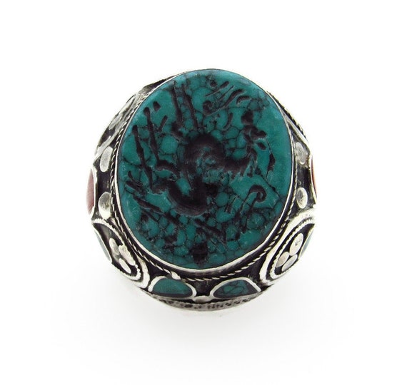Huge Very Intricate Native American Turquoise Sterling Silver Inlay Ring Huge Very Intricate Native American Turquoise Sterling Silver Inlay Ring