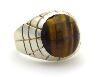 Sterling Silver Tiger Eye Ring - Size 12.5 - Weight 17.8 Grams - Men Jewelry - Unisex - Oval Brown Yellow Tiger Eye # 5702