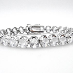 Pulsera de tenis ovalada CZ chapada en rodio de plata de ley - Pulsera de línea de zirconia cúbica pesada - 7.25 &quot; o 18 cm - Boda nupcial # 4908