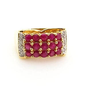 14K Yellow Gold Ruby Diamond Ring - Cocktail Ring - Size 6 - Wide Band - 5.4 Grams - July Birthday - Love - Gifts for Her Mom # 1801