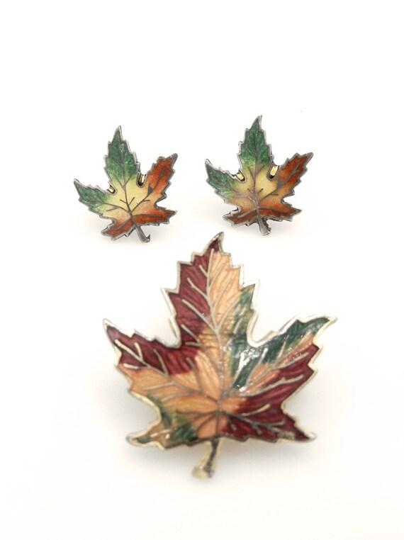 Maple Leaf Sterling Silver Enamel Earrings and Go… - image 2