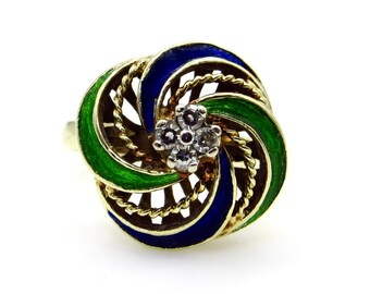 14K Yellow Gold Diamond and Enamel Floral Ring - Size 4 to 6 (Sizer) - Blue and Green Enamel - 6.6 g Heavy Solid Gold - Gifts for Her # 5466