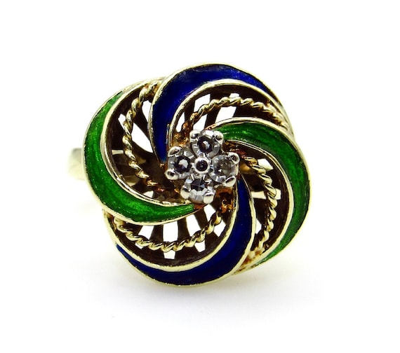 14K Yellow Gold Diamond and Enamel Floral Ring - … - image 1