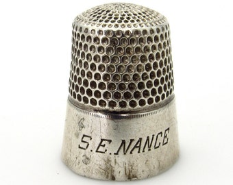 Antique Simons Brothers Co. Sterling Silver Thimble - Sewing Thimble engraved S.E. Nance - Collectible # 5491