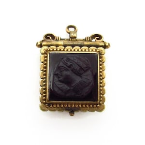 Victorian Locket - Square Bloodstone and Onyx Cameo Fob Pendant - Bloodstone and Carved Onyx Cameo - Gothic Revival - Rare - Unisex # 5618