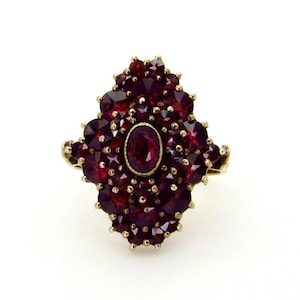 Victorian Garnet Ring - Vermeil Red Gem Cluster Statement - Size 6.5 - January Birthstone - Halo Jewelry - Gold Over Silver 900 # 5515