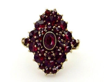 Victorian Garnet Ring - Vermeil Red Gem Cluster Statement - Size 6.5 - January Birthstone - Halo Jewelry - Gold Over Silver 900 # 5515