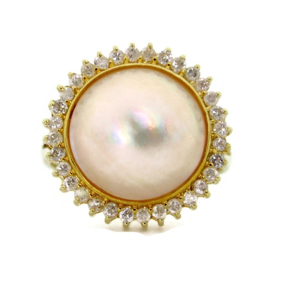 14K Yellow Gold Mabe Cultured Pearl and Diamonds … - image 1